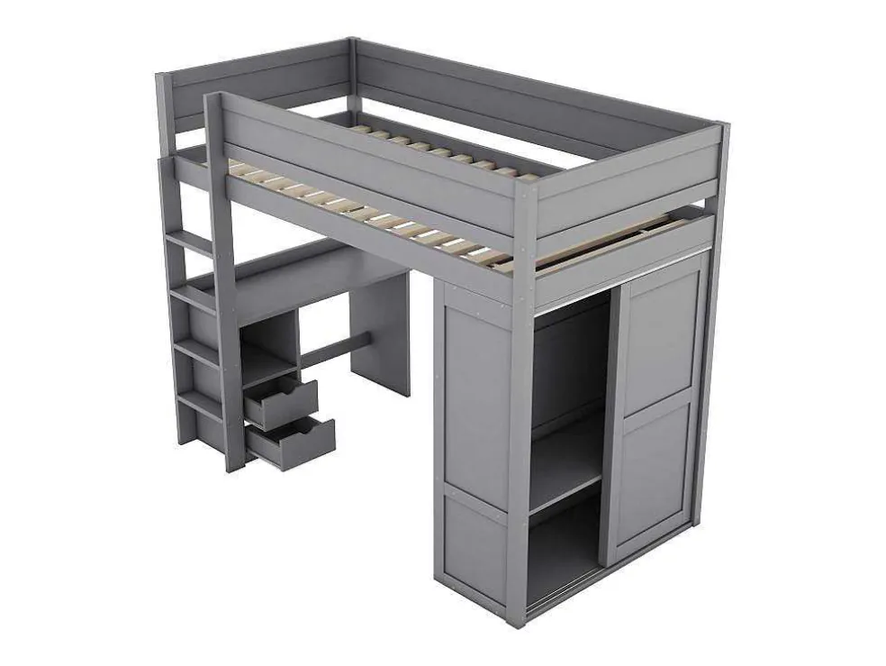 Hoogslaper 90 X 200 Cm Met Bureau + 2 Laden - Kledingkast Met Schuifdeur - Mdf Hout - Grijs