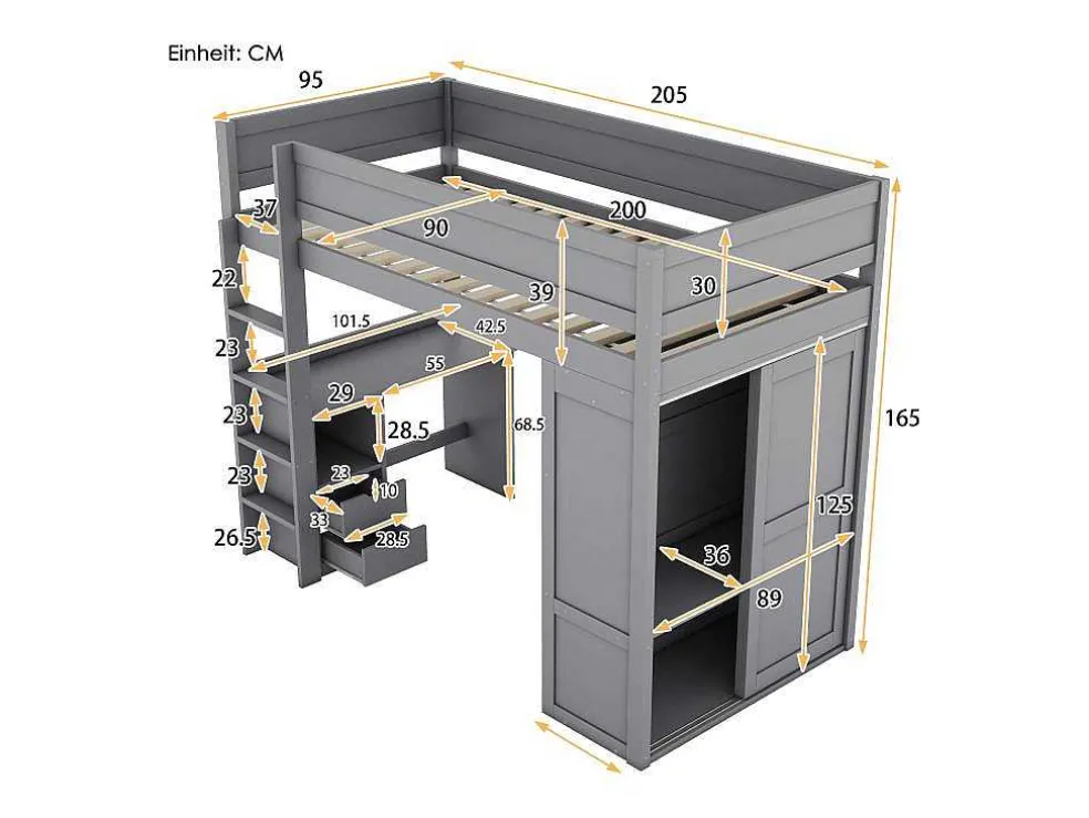 Hoogslaper 90 X 200 Cm Met Bureau + 2 Laden - Kledingkast Met Schuifdeur - Mdf Hout - Grijs