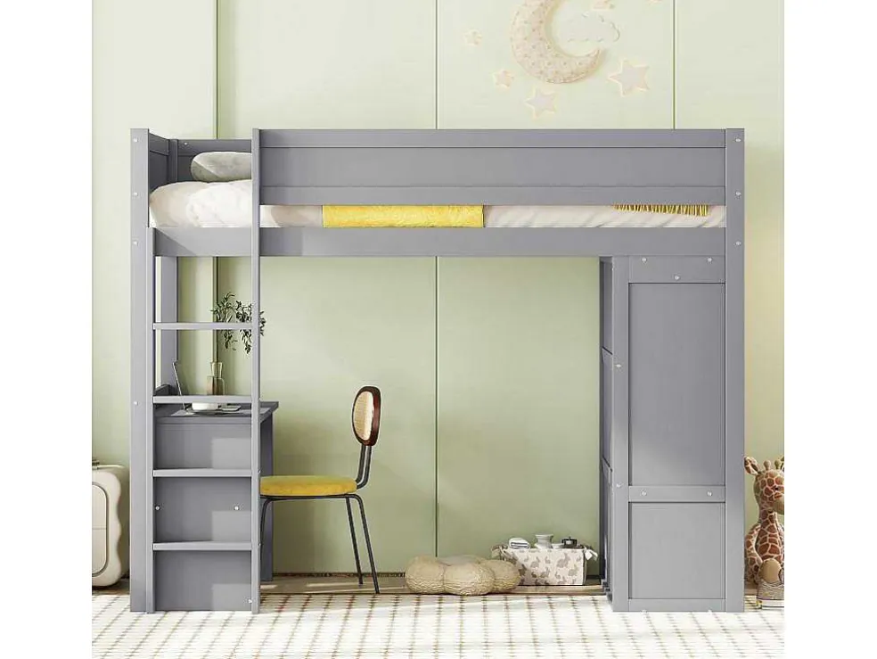 Hoogslaper 90 X 200 Cm Met Bureau + 2 Laden - Kledingkast Met Schuifdeur - Mdf Hout - Grijs