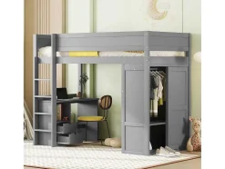Hoogslaper 90 X 200 Cm Met Bureau + 2 Laden - Kledingkast Met Schuifdeur - Mdf Hout - Grijs