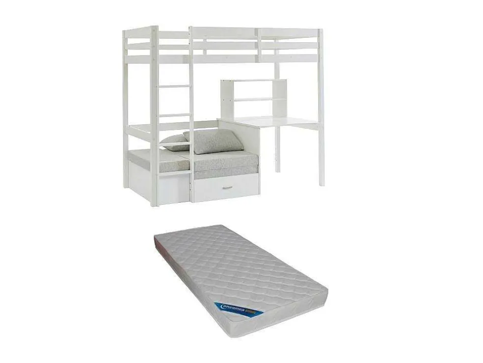 Hoogslaper 90 X 200 Cm Met Bureau, Slaapbank En Opbergruimte - Massief Grenen - Gebleekt + Matras - Goliath Iii