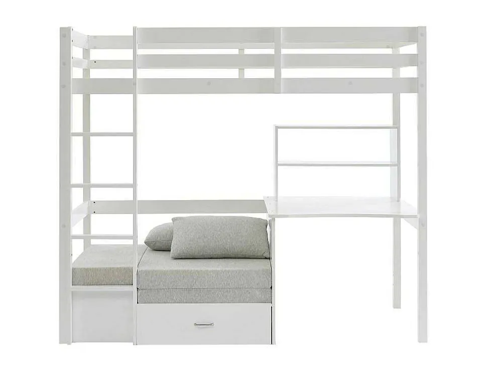 Hoogslaper 90 X 200 Cm Met Bureau, Slaapbank En Opbergruimte - Massief Grenen - Gebleekt + Matras - Goliath Iii