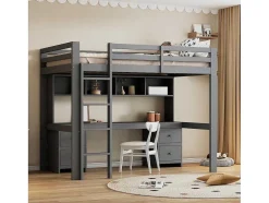 Hoogslaper 90 X 200 Cm Met Bureau, Boekenkast, Lades En Ladder, Mdf Hout, Grijs