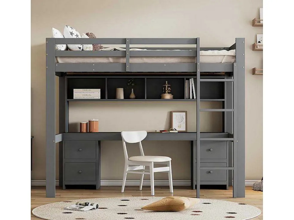 Hoogslaper 90 X 200 Cm Met Bureau, Boekenkast, Lades En Ladder, Mdf Hout, Grijs