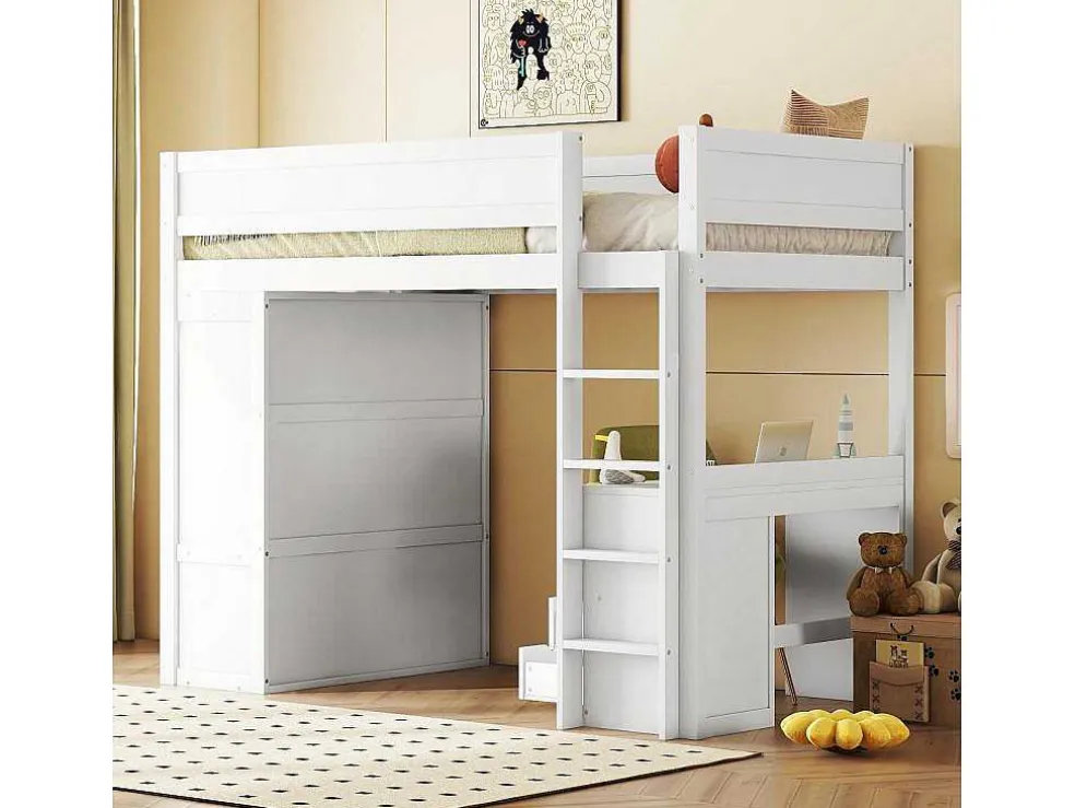 Hoogslaper 90 X 200 Cm Met Bureau + 2 Laden - Kledingkast Met Schuifdeur - Mdf Hout - Wit