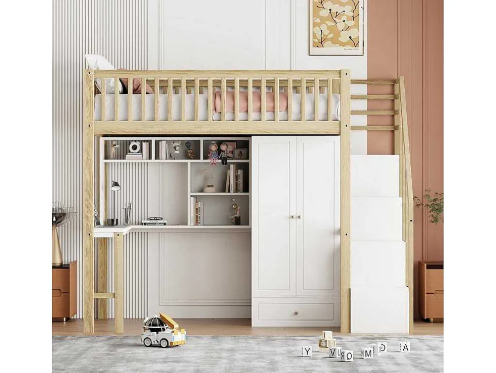 Hoogslaper 90 X 200 Cm Met Grote Kledingkast, Bureau, Boekenkast, Trap En Lades, Alles-In-Een, Mdf Hout, Wit + Eiken