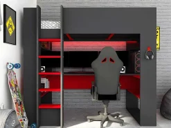 Hoogslaper Gamer Noah Met Bureau En Opbergruimtes - 90 X 200 Cm - Met Led'S - Antraciet En Rood