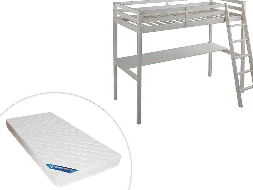 Hoogslaper Gedeon Ii - 90 X 190 Cm - Met Bureau - Massief Grenen - Gebleekt + Matras