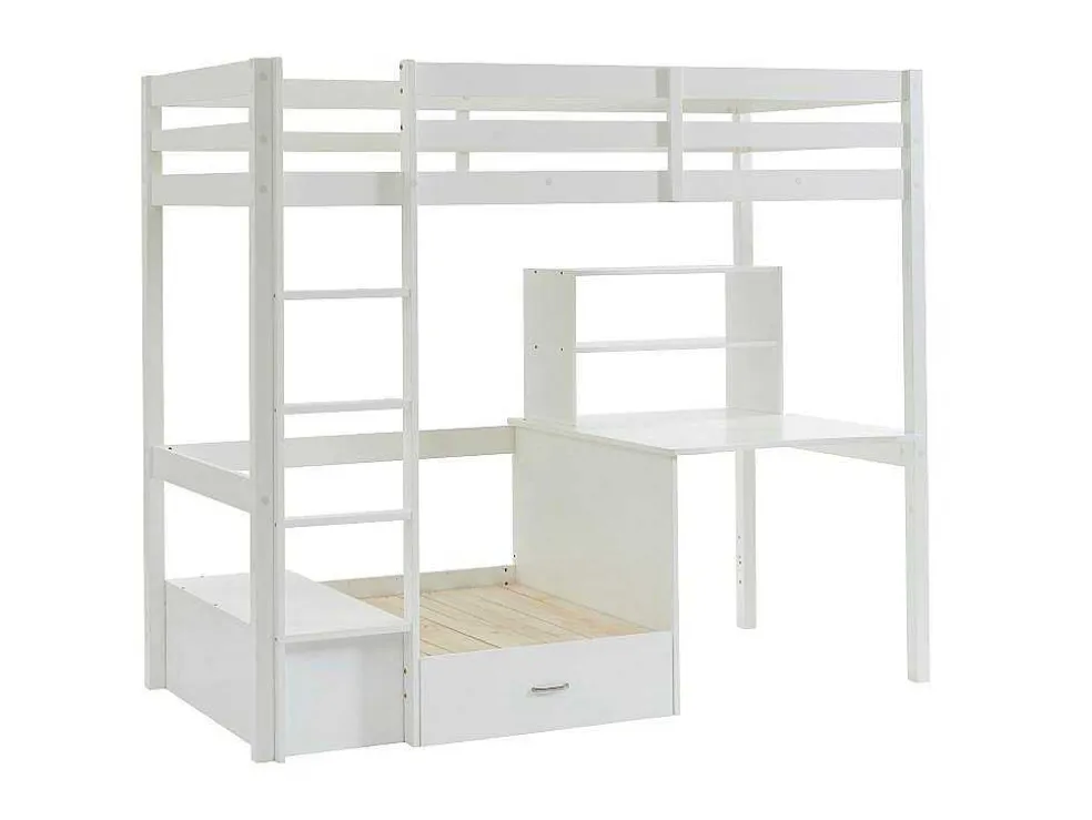 Hoogslaper Goliath Ii Met Bureau, Bedbank En Opbergruimte - 90 X 200 Cm - Massief Grenen - Gebleekt