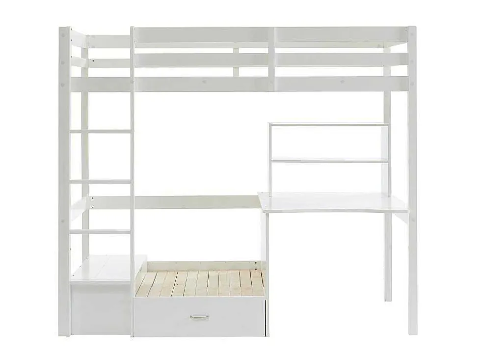 Hoogslaper Goliath Ii Met Bureau, Bedbank En Opbergruimte - 90 X 200 Cm - Massief Grenen - Gebleekt