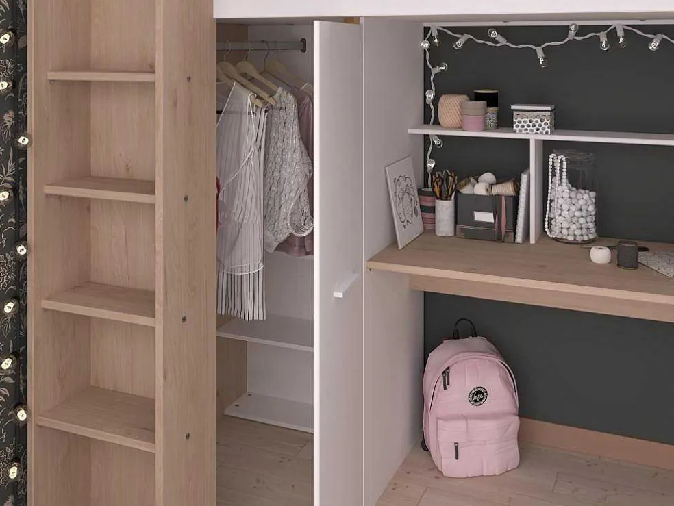 Hoogslaper Met Bureau En Kast - 90 X 200 Cm - Wit En Naturel - Auckland