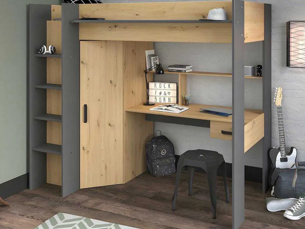Hoogslaper Met Bureau En Kast - 90X200Cm - Naturel En Antraciet + Matras - Auckland
