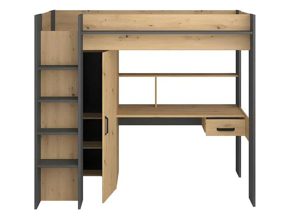 Hoogslaper Met Bureau En Kast - 90X200Cm - Naturel En Antraciet + Matras - Auckland