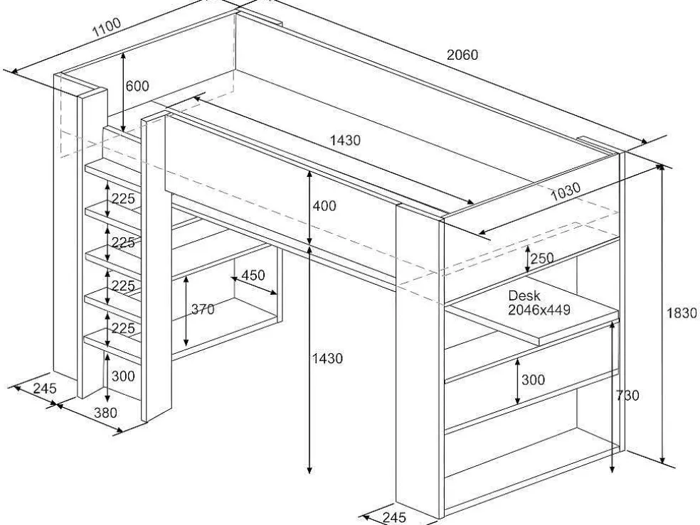Hoogslaper Met Bureau En Opbergruimte - 90 X 200 Cm - Eik En Wit + Matras - Noah Ii