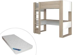 Hoogslaper Met Bureau En Opbergruimte - 90 X 200 Cm - Eik En Wit + Matras - Noah Ii