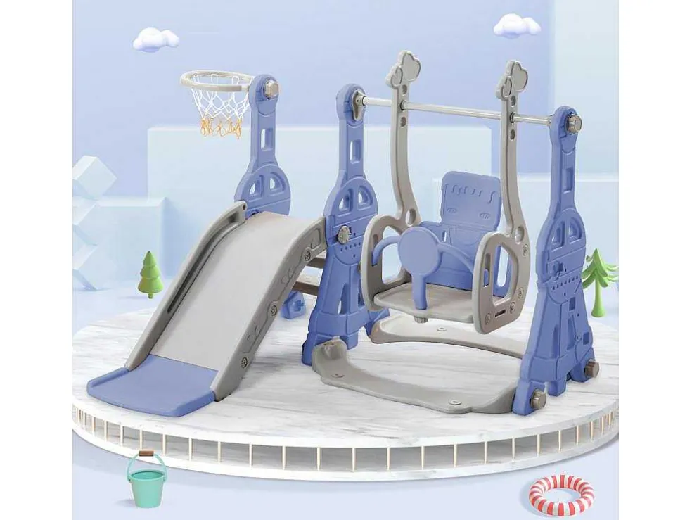 4-In-1 Glijbaan Met Schommel En Basketbalstandaard Voor Kinderen, Klimladder, Voor Binnen En Buiten, Blauw