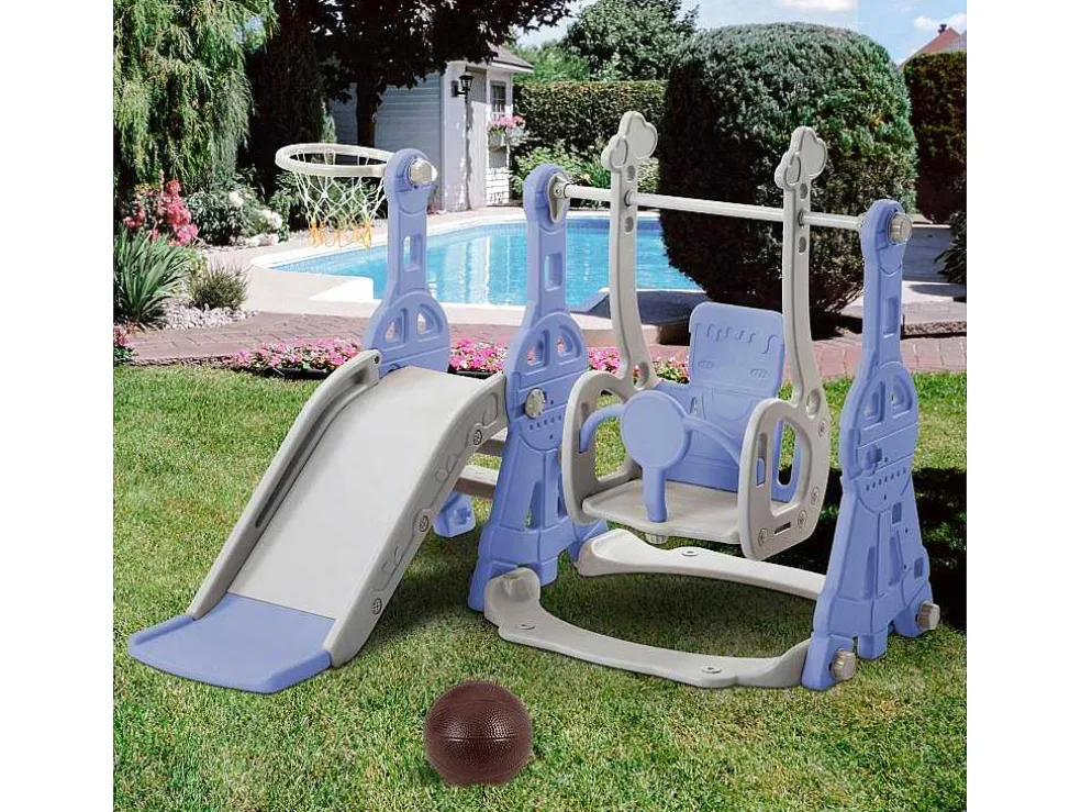 4-In-1 Glijbaan Met Schommel En Basketbalstandaard Voor Kinderen, Klimladder, Voor Binnen En Buiten, Blauw
