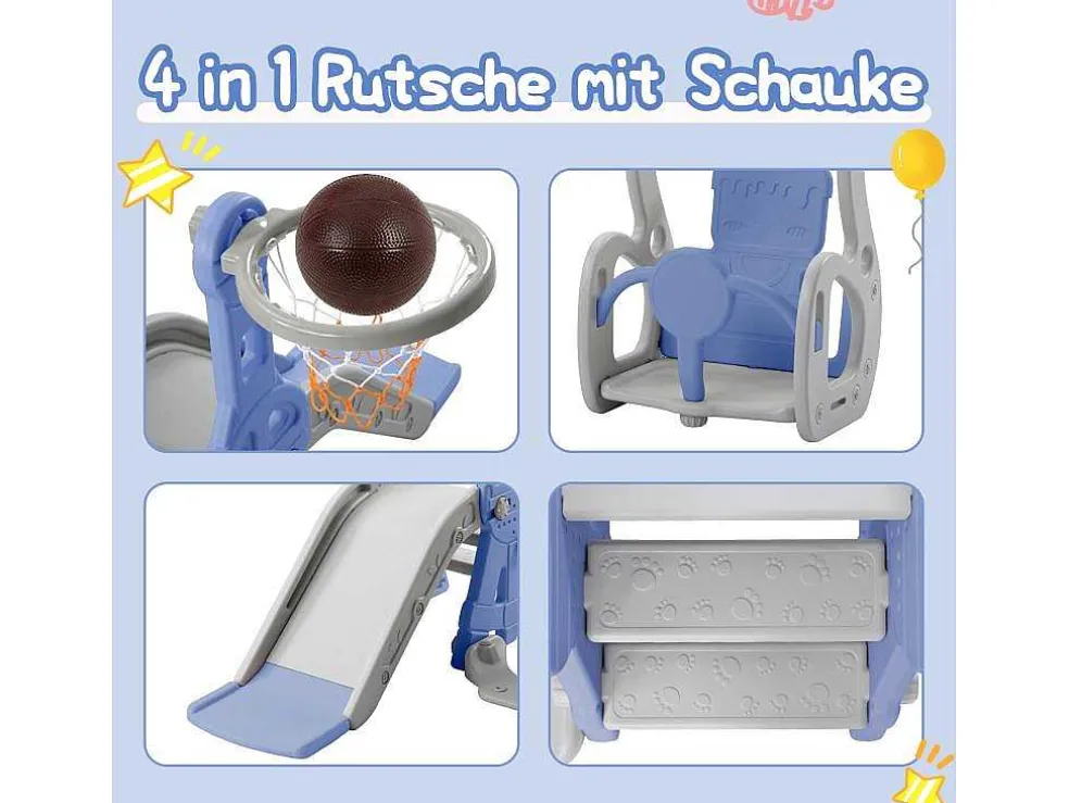 4-In-1 Glijbaan Met Schommel En Basketbalstandaard Voor Kinderen, Klimladder, Voor Binnen En Buiten, Blauw