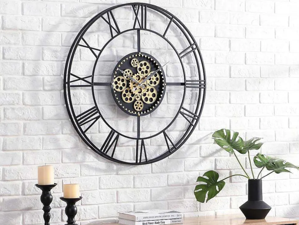 Industriele Wandklok - D80 Cm - Metaal - Zwart En Goudkleurig - Karial