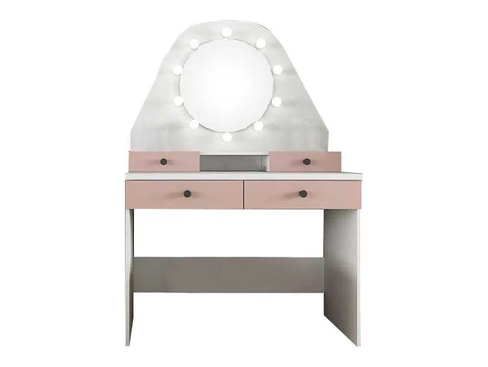 Kaptafel Gabriela - Spiegel Met Ledverlichting En Opbergruimtes - Wit En Roze
