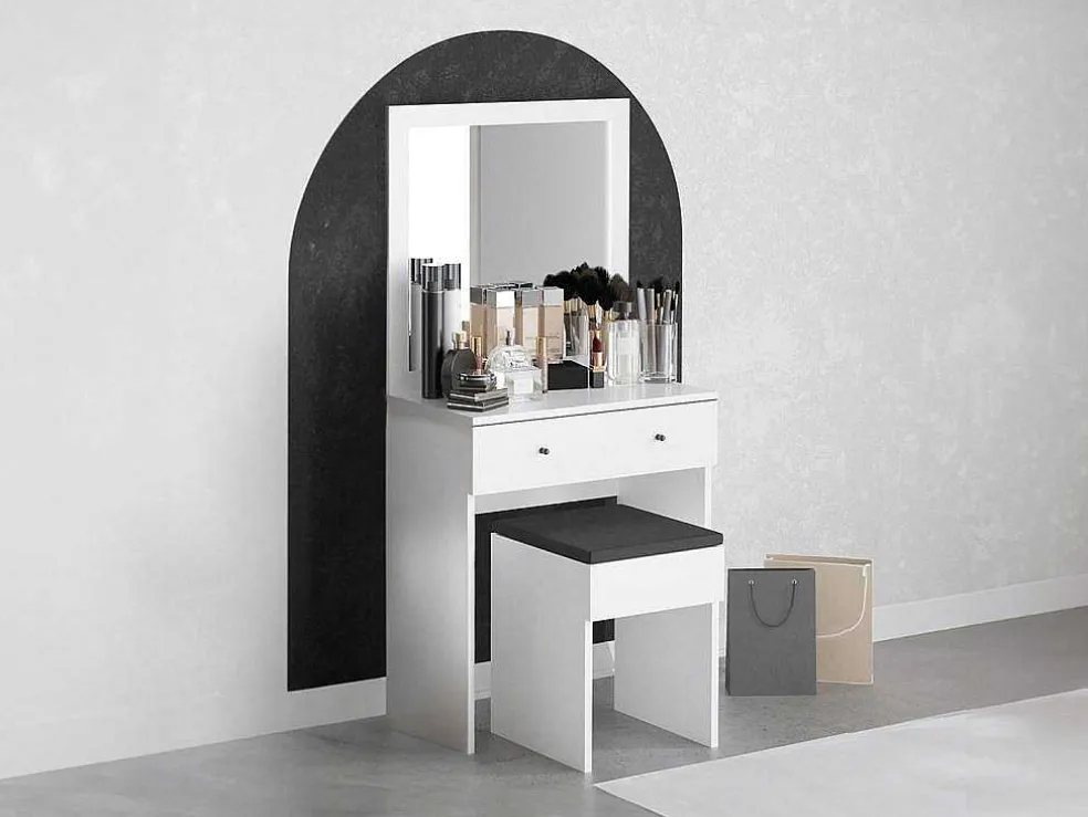 Kaptafel Met Spiegel En Kruk - 1 Lade - Wit - Abonia