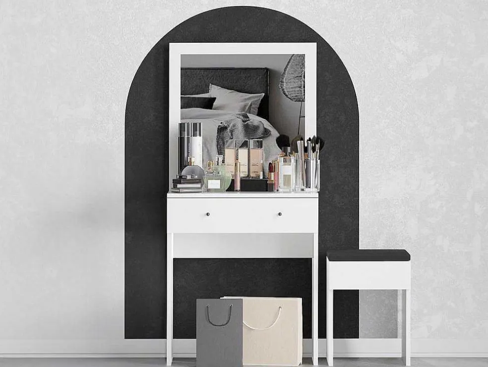 Kaptafel Met Spiegel En Kruk - 1 Lade - Wit - Abonia
