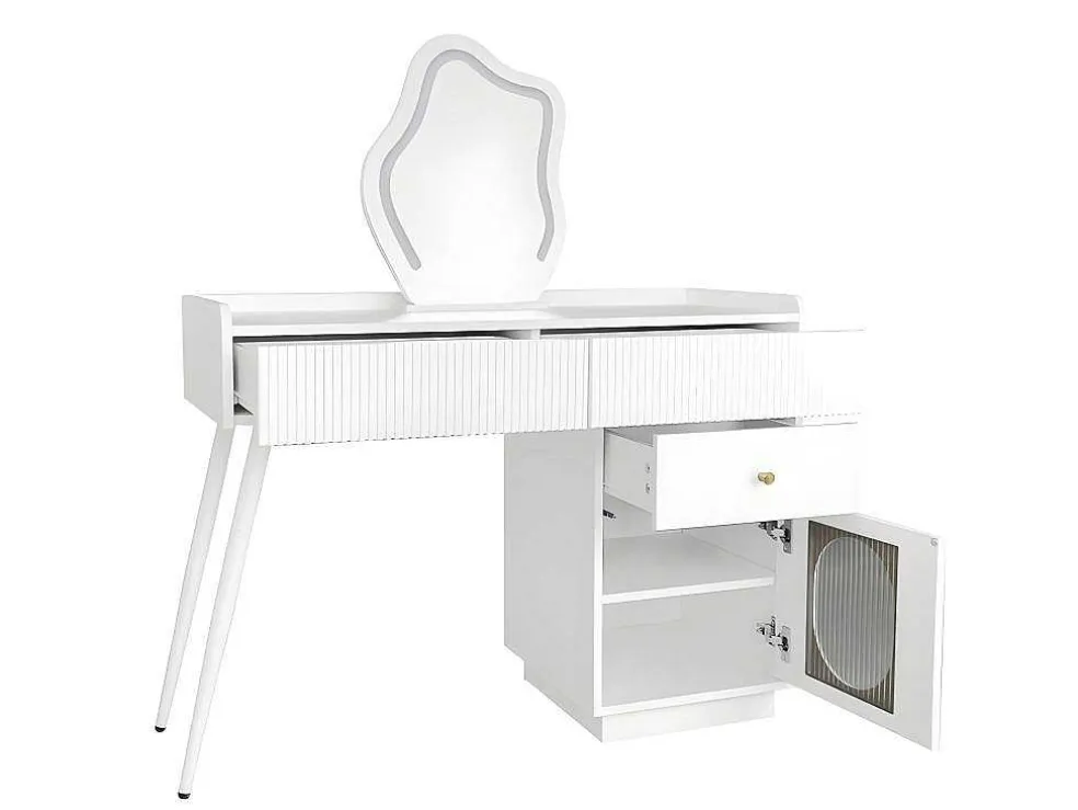 Kaptafel Met Spiegel En Led-Verlichting - 2 Lades En Een Uitneembare Kast - Wit (Kruk Niet Inbegrepen)