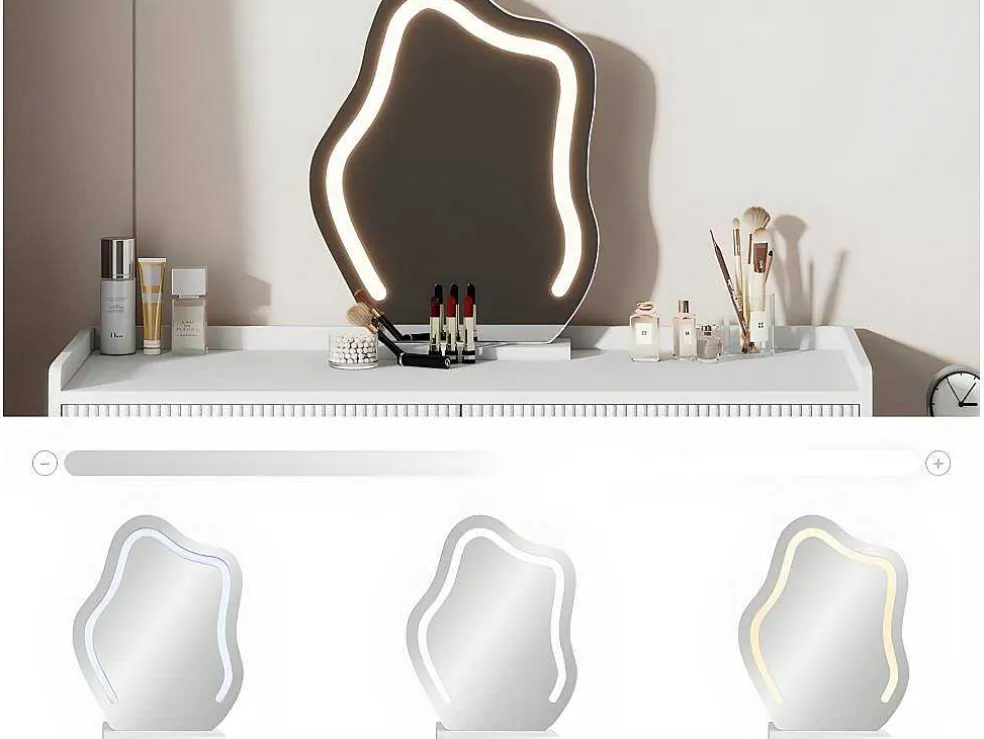 Kaptafel Met Spiegel En Led-Verlichting - 2 Lades En Een Uitneembare Kast - Wit (Kruk Niet Inbegrepen)