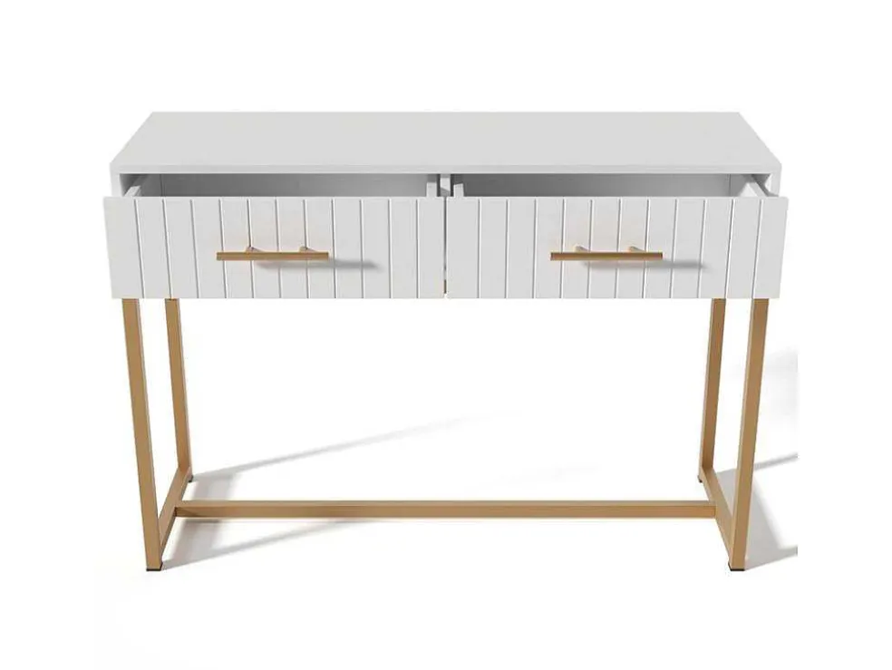 Kaptafel Versierd Met Verticale Strepen - H 75 Cm - Met 2 Laden En Metalen Onderstel - Wit