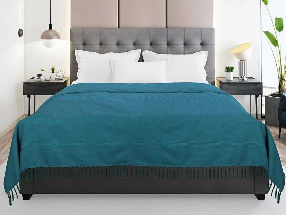 Katoenen Sprei Met Franjes - 230 X 250 Cm - Blauw - Segna
