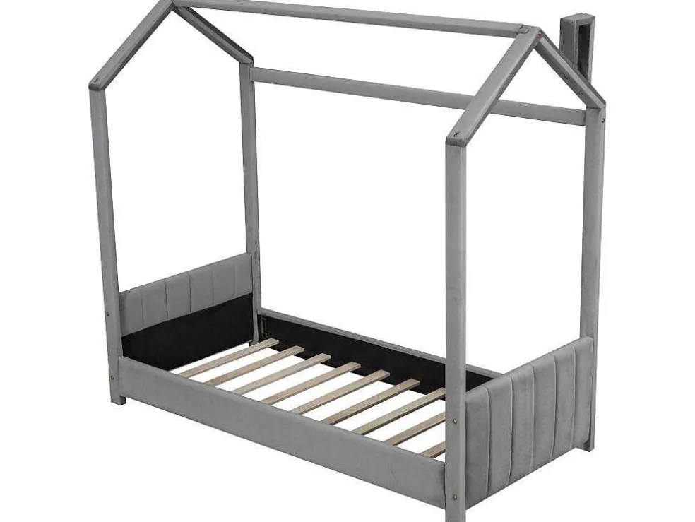Kinderhutbed 90X200Cm In Fluweel - Lattenbodem - Grijs