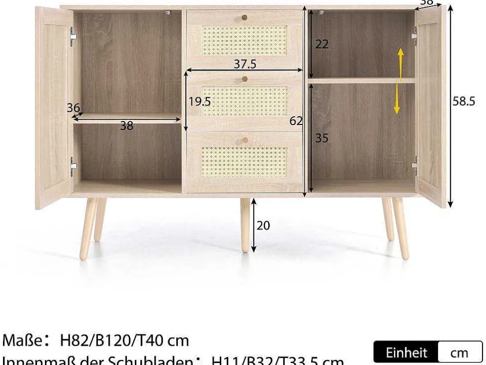 Ladekast 120 X 82 X 40 Cm Met 2 Deuren En 3 Laden In Rotan En Sonoma Eiken, Verstelbare Plank, Beige