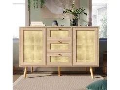 Ladekast 120 X 82 X 40 Cm Met 2 Deuren En 3 Laden In Rotan En Sonoma Eiken, Verstelbare Plank, Beige