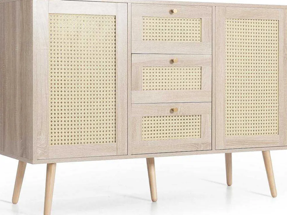 Ladekast 120 X 82 X 40 Cm Met 2 Deuren En 3 Laden In Rotan En Sonoma Eiken, Verstelbare Plank, Beige