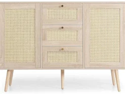 Ladekast 120 X 82 X 40 Cm Met 2 Deuren En 3 Laden In Rotan En Sonoma Eiken, Verstelbare Plank, Beige