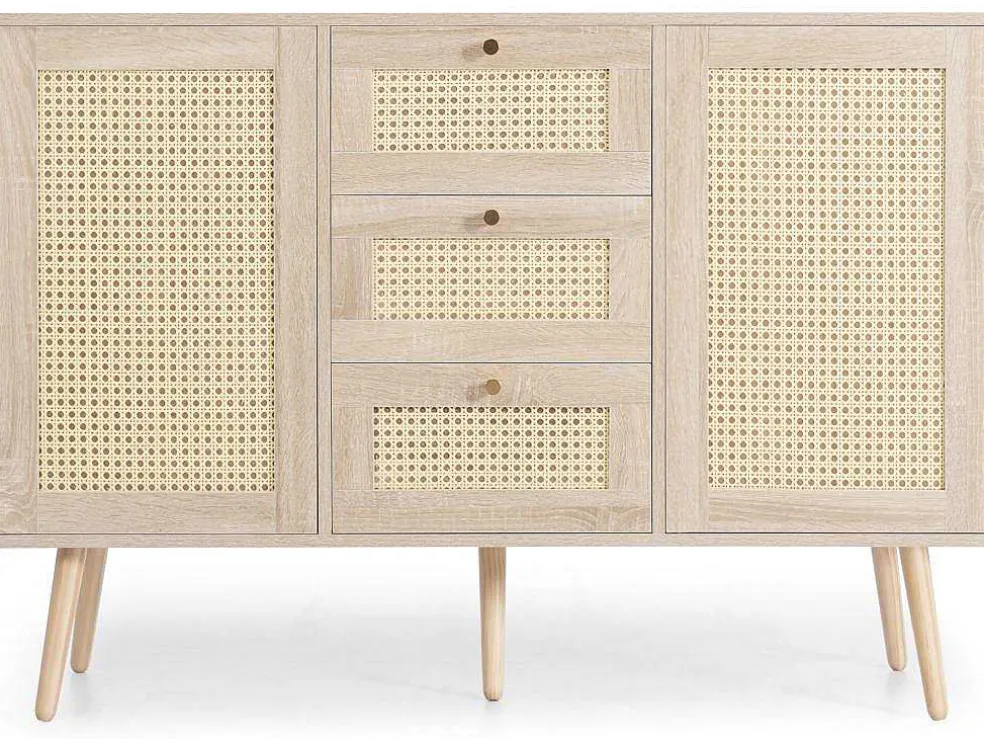 Ladekast 120 X 82 X 40 Cm Met 2 Deuren En 3 Laden In Rotan En Sonoma Eiken, Verstelbare Plank, Beige