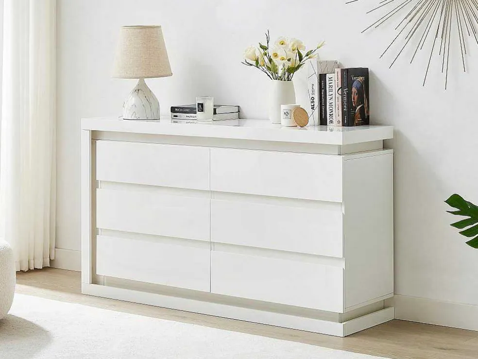 Ladekast Met 6 Lades - Met Ledverlichting - Mdf - Wit Gelakt - Flarancia