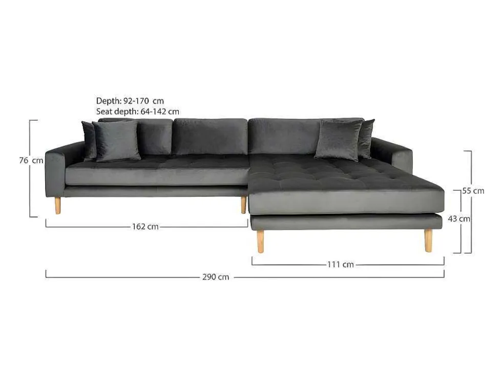 Lido Chaiselong Sofa Rechts Met 4 Kussens, Velour Grijs.