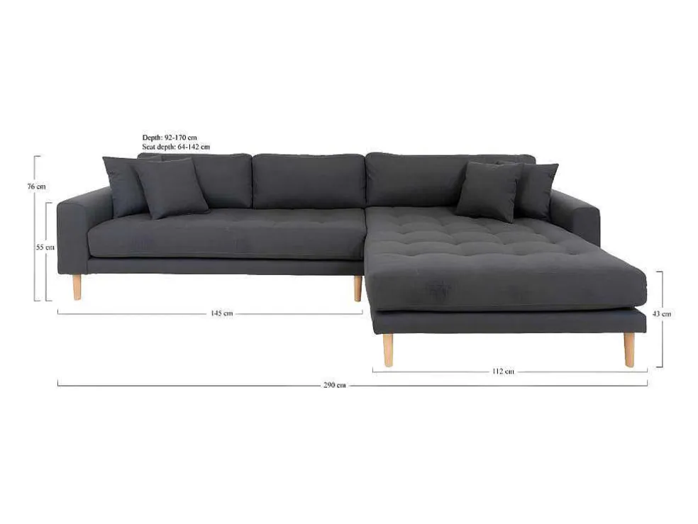 Lido Chaiselong Sofa Rechts Met 4 Kussens, Velour Grijs.