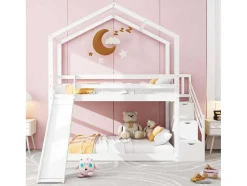 Massief Grenen Stapelbed 90X200Cm - Met Opbergtrap En Glijbaan - Wit