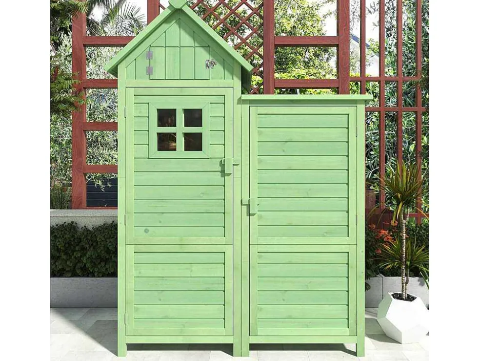 Massief Houten Tuinhuis Met Pvc Schuin Dak - 2 Planken 3 Klapdeuren - L118 X D54 X H173 Cm - Groen