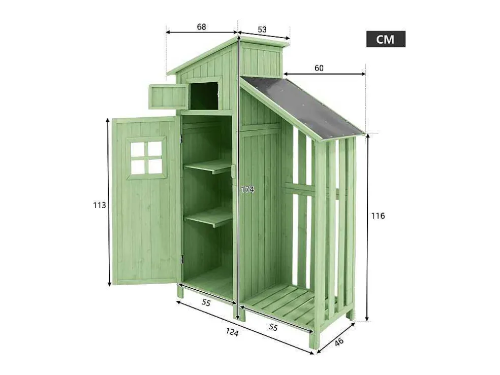 Massief Houten Tuinhuis Met Pvc Schuin Dak - 2 Planken 3 Klapdeuren - L124 X D46 X H174 Cm - Groen