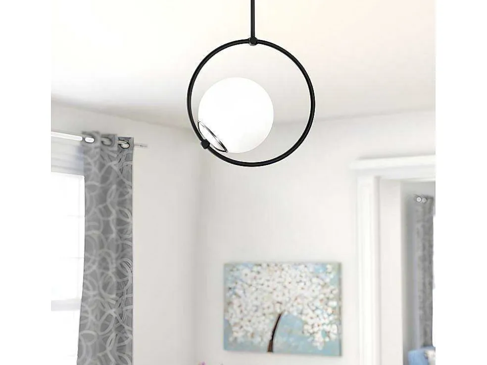 Metalen Plafondlamp Met Glazen Bol Dulonay - H39 Cm - Zwart En Wit