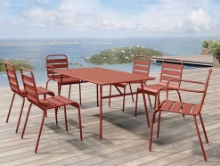Metalen Tuinset - Tafel L.160 Cm Met 2 Stapelstoelen En 4 Stapelstoelen - Terracotta - Mirmande