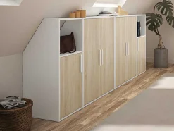 Meubel Voor Onder Een Hellend Dak 6 Deuren En 2 Nissen - Wit En Naturel - Adezio