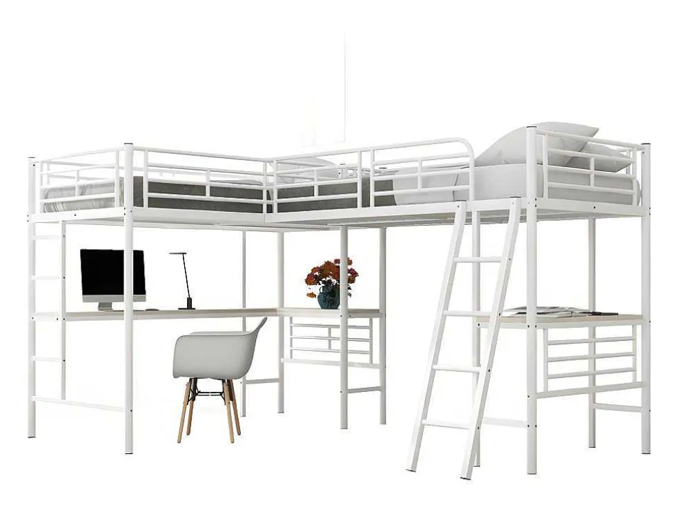 Mezzaninebed - 2 Bedden 90X200 Cm - 2 Bureaus Onder Het Bed - Wit