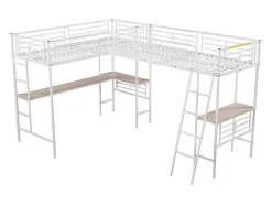 Mezzaninebed - 2 Bedden 90X200 Cm - 2 Bureaus Onder Het Bed - Wit