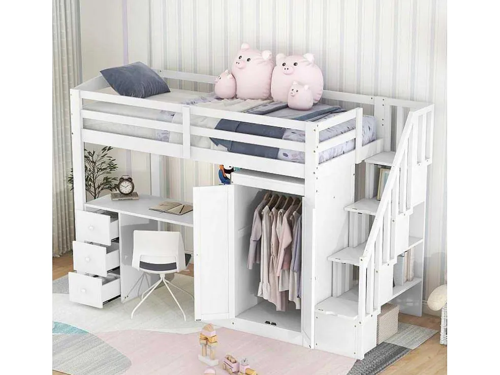 Mezzaninebed 90 X 200 Met Kledingkast En Trap, Bureau En Lades - Grenen + Mdf - Wit