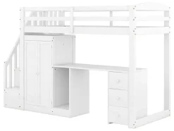 Mezzaninebed 90 X 200 Met Kledingkast En Trap, Bureau En Lades - Grenen + Mdf - Wit