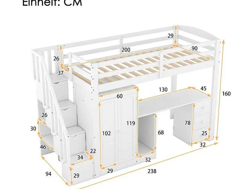 Mezzaninebed 90 X 200 Met Kledingkast En Trap, Bureau En Lades - Grenen + Mdf - Wit